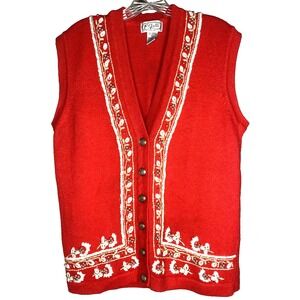 Vintage P Galli Christmas Sweater Vest Women‎ Large Winter Button Y2K Red 90s